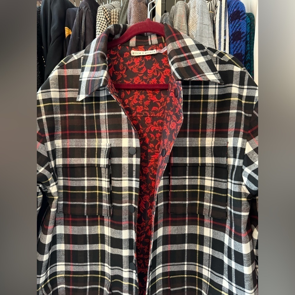 Alice and Olivia- Red and Black Plaid and Paisley Snap Longsleeve Zazie Jacket - Picture 6 of 9